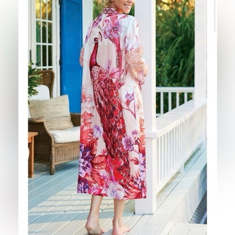 NWT Soft Surroundings Faye Silk Blend Robe, Size L, Peacock Coral - Picture 2 of 7